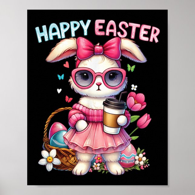 Affiche Joli lapin de Pâques Boire du café de glace Bow de (Devant)
