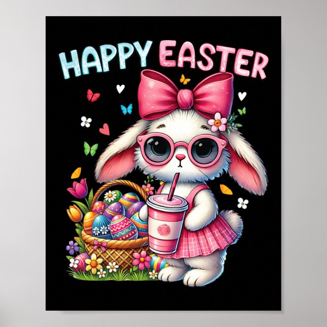 Affiche Joli lapin de Pâques buvant un café glacé Arc de P (Devant)