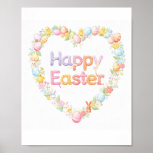Affiche Joli Lapin de Pâques heureux & cœur de poussin