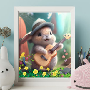Affiche Joli lapin Jouer une guitare dans le jardin des fl