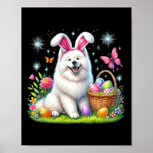 Affiche Joli lapin Samoyé Chien Pâques Oeufs Pâques Pâques
