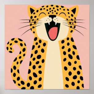 Affiche Joli Léopard Sauvage de Dessin Animé Souriant et H