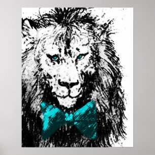 Affiche Joli Lion avec Cravate Bleue Bow et les yeux
