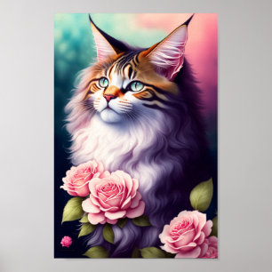 Affiche Joli Maine Coon & Fleurs Portrait