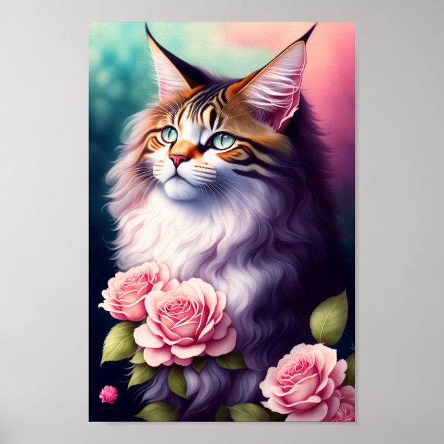 Affiche Joli Maine Coon & Fleurs Portrait (Devant)