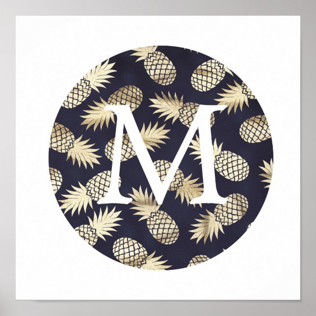 Affiche joli monogramme de pineapple en feuille dorée faus (Devant)