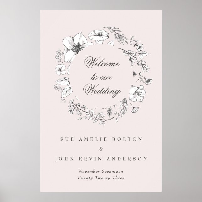 Affiche Joli Monogramme Floral Blush Sketched Welcome (Devant)