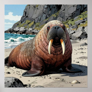 Affiche Joli Morse sur une Plage Sablonneuse 