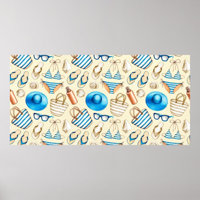 Affiche Joli motif d'été avec lunettes, bikini, umbrel (Devant)