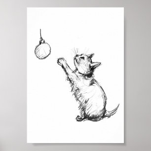 Affiche Joli Noël Chat Reaching pour l'Ornement