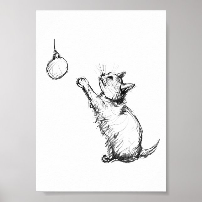 Affiche Joli Noël Chat Reaching pour l'Ornement (Devant)