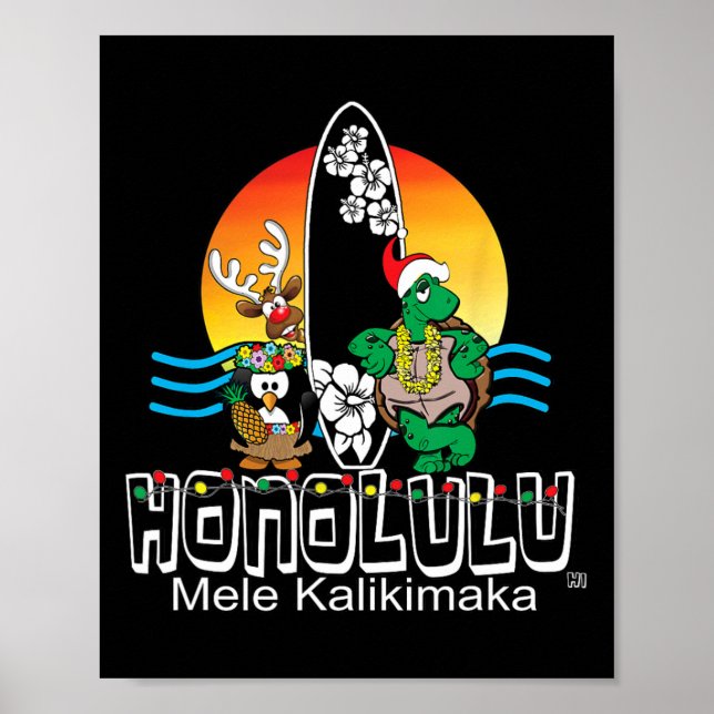 Affiche Joli Noël de surf de l'île d'Honolulu Oahu Hawaï (Devant)