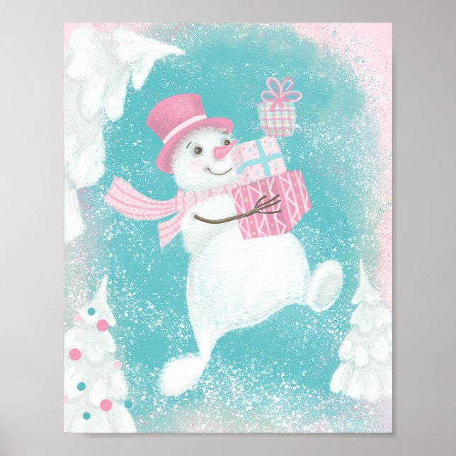 Affiche Joli Noël Snowman rose et menthe (Devant)