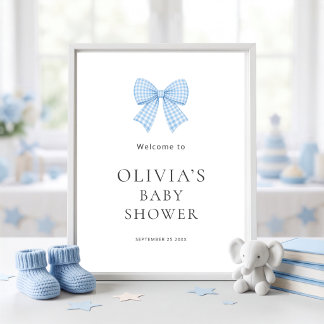 Affiche Joli nœud en vichy bleu Bienvenue à la baby shower