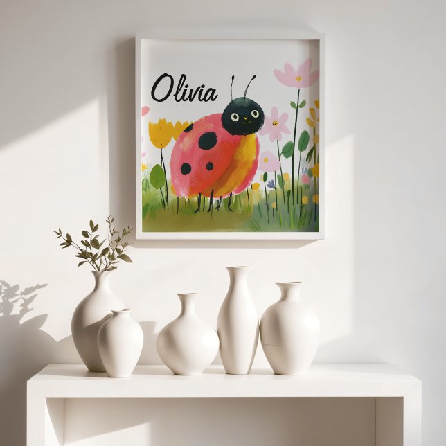 Affiche Joli Nom de Fille Fleurs Sauvages Coccinelle (Cute Ladybug Wildflowers Girl's Name Poster)