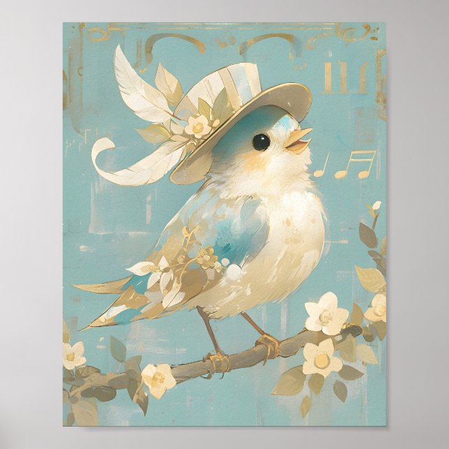 Affiche Joli oiseau chantant, art de Noël à l'aquarelle vi (Devant)