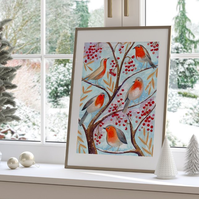 Affiche Joli Oiseau Rouge Robin Bleu Noël Famille (Cute Bird Red Robin Blue Christmas Family Poster)