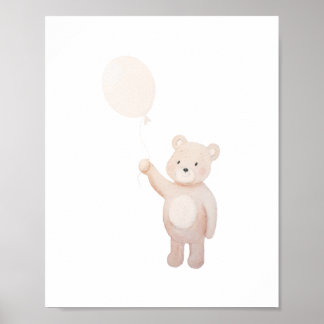 Affiche Joli ours en peluche avec ballon aquarelle pour la