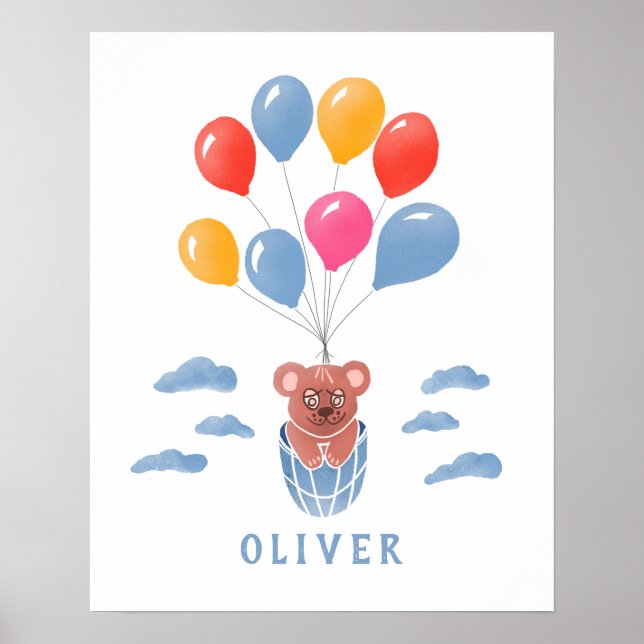 Affiche Joli Ours en Peluche Ballons Bleus Garçon Nom Affi (Devant)