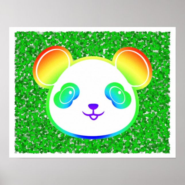 Affiche Joli Ours Panda Arc-en-ciel sur Fond de Feuillage (Devant)