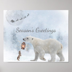 Affiche Joli Ours Polaire Lapin sauvage Père Noël Noël d'h
