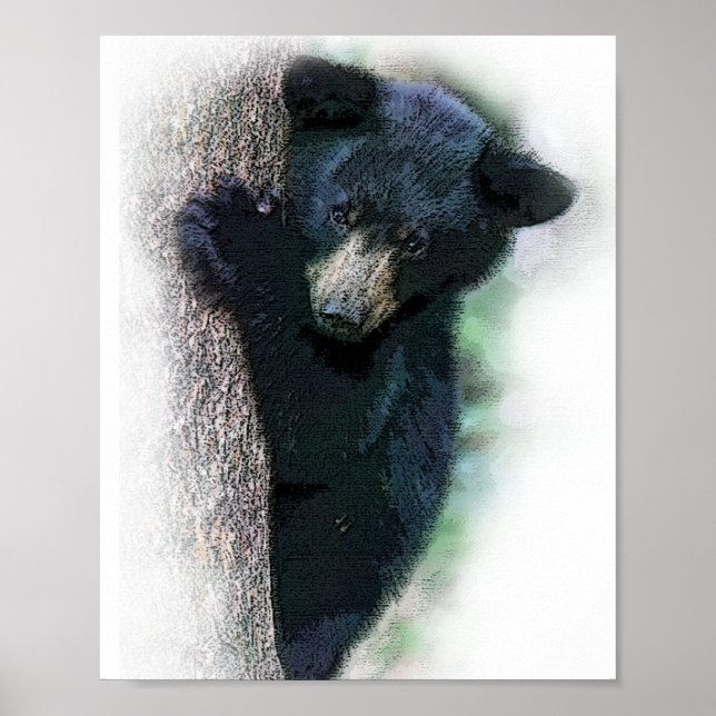 Affiche Joli ourson noir aquarelle dans un arbre (Devant)