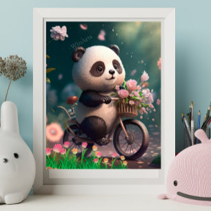 Affiche Joli panda à vélo avec des fleurs Art