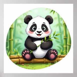 Affiche Joli panda de dessin animé sur un carré de bambou