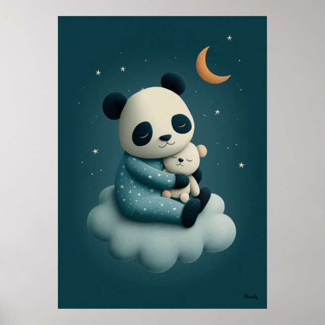 Affiche Joli panda sur lit de pépinière nuage à l'heure du (Devant)