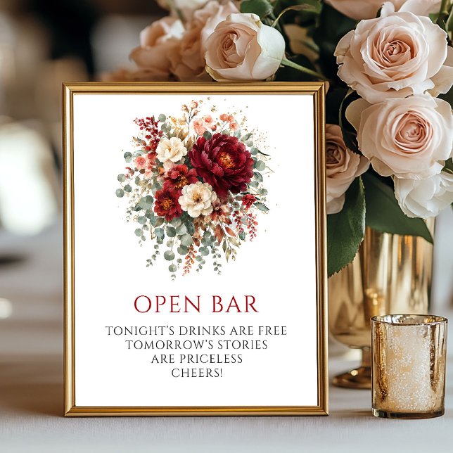 Affiche Joli panneau de table pour bar ouvert Floral Marsa (Lovely Fall Marsala Floral Open Bar Tabletop Sign

)