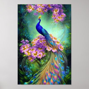 Affiche Joli paon bleu et floral pourpre
