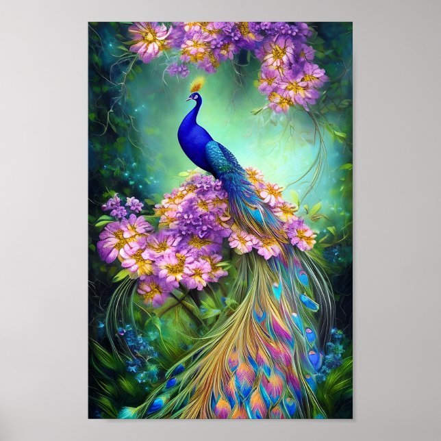 Affiche Joli paon bleu et floral pourpre (Devant)