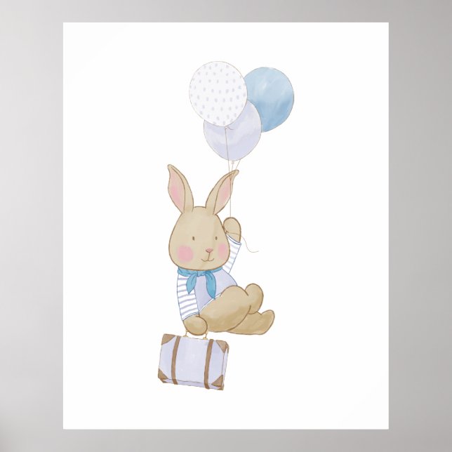 Affiche Joli Pastel Blue Ballons Bunny Nursery Décor (Devant)