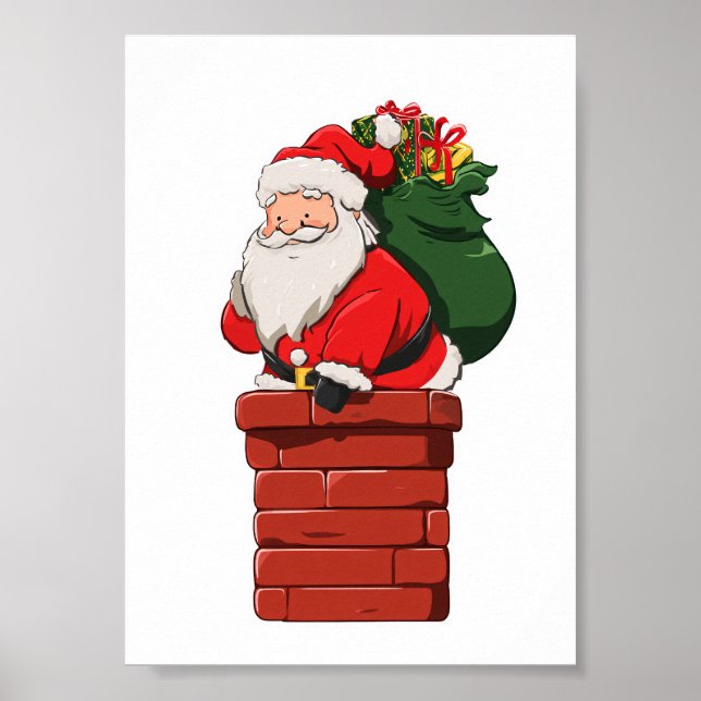 Affiche Joli Père Noël entrant dans la cheminée avec un sa (Devant)