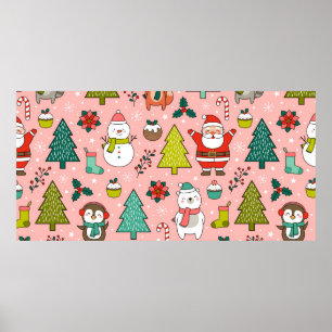 Affiche Joli personnage de dessin animé, pins et Noël e