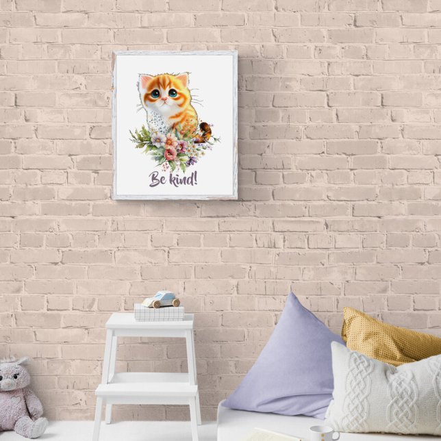 Affiche Joli petit chat qui regarde en haut avec des fleur (Créateur téléchargé)