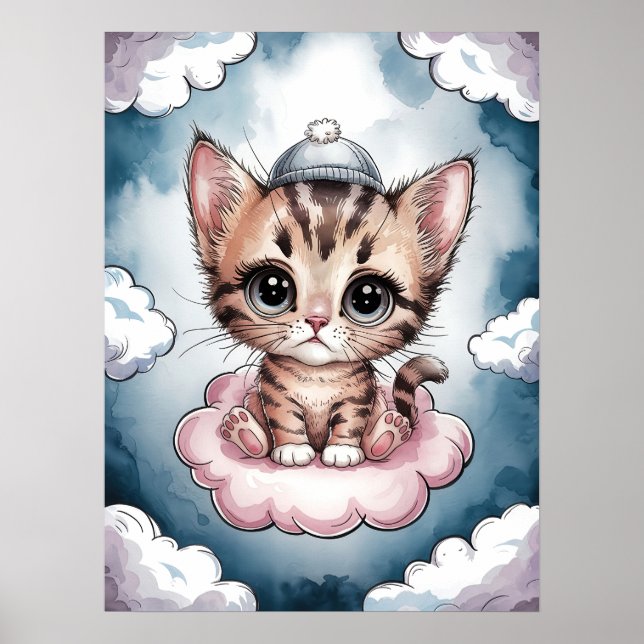 Affiche Joli Petit Chat sur un Nuage - Aquarelle Adorable (Devant)