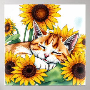 Affiche Joli petit chaton dormant et tournesols