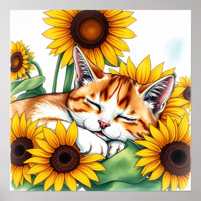 Affiche Joli petit chaton dormant et tournesols (Devant)