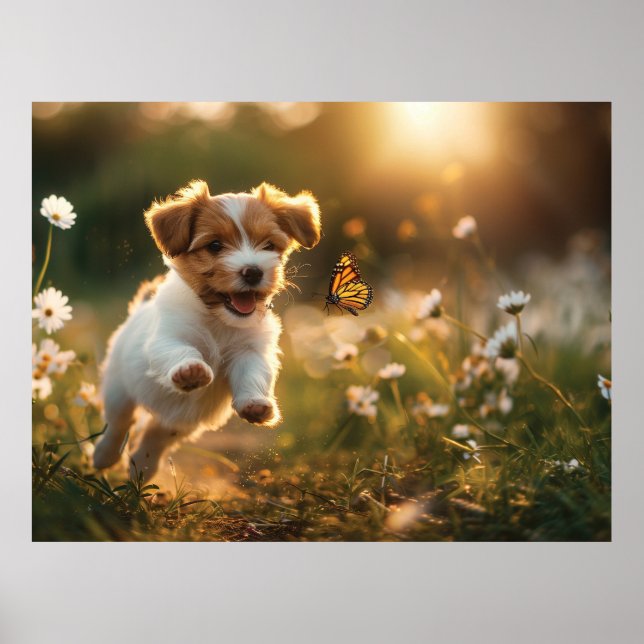 Affiche Joli petit chiot à la recherche d'un papillon (Devant)