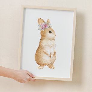 Affiche Joli Petit Lapin Floral Bois Décor De Pépinière