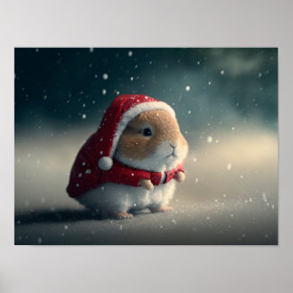 Affiche Joli petit lapin portant un casquette du Père Noël