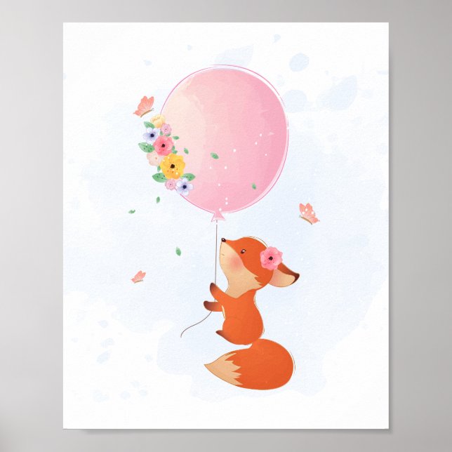 Affiche Joli petit renard volant avec ballon rose (Devant)