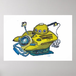 Affiche Joli petit sous-marin jaune dans de l'eau bleue
