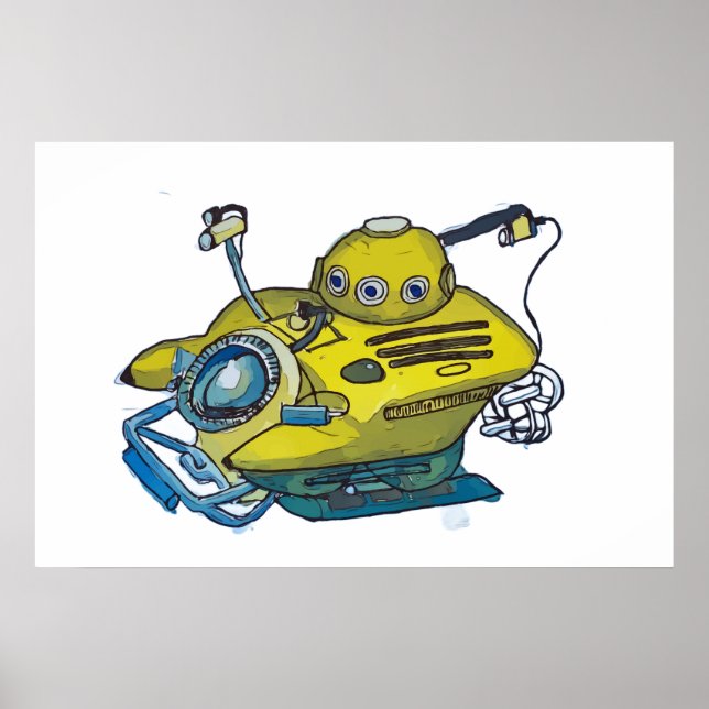 Affiche Joli petit sous-marin jaune dans de l'eau bleue (Devant)