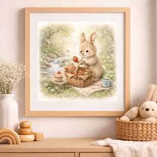 Affiche Joli Pique-Nique de Lapin Mignon en Forêt Enfantin