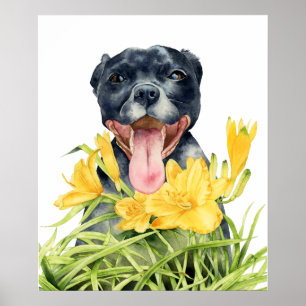 Affiche Joli Pitbull Chien dans Jardin Fleur Jaune