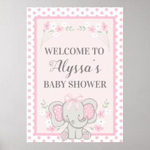 Affiche Joli Pois Eléphant Rose Baby shower Fleurs