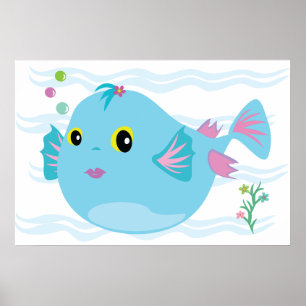 Affiche Joli Poisson Tropical Bleu Nageoires Roses