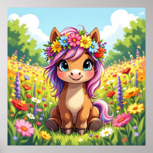 Affiche Joli poney avec fleurs